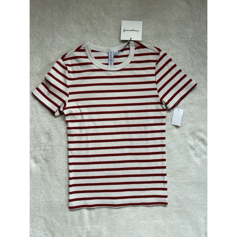 NEW Grace + Karma  red and white striped t-shirt women's Size S #striped #summer